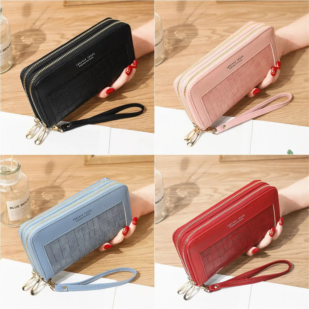 Double Zipper Long Wallet For Women Large Capacity PU Leather Clutch Mobile Phone Bag Coin Cash Card Holder Purse