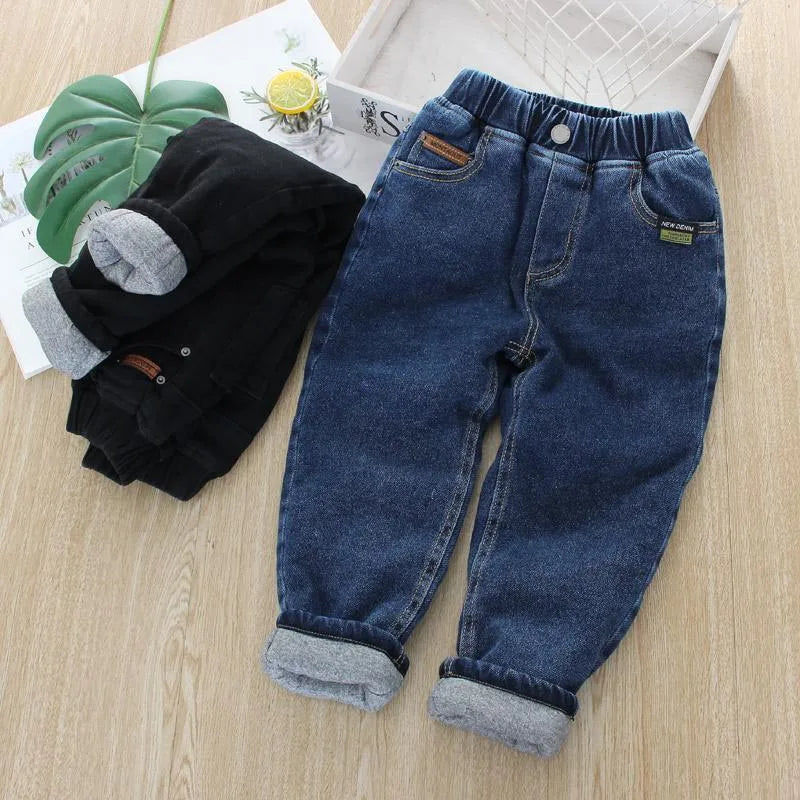 Children's Winter Warm Jeans Solid Plus Velvet Elastic Waist Kid Boy Haren Pants Vintage Soft Cotton Toddler Boy Carrot Trousers