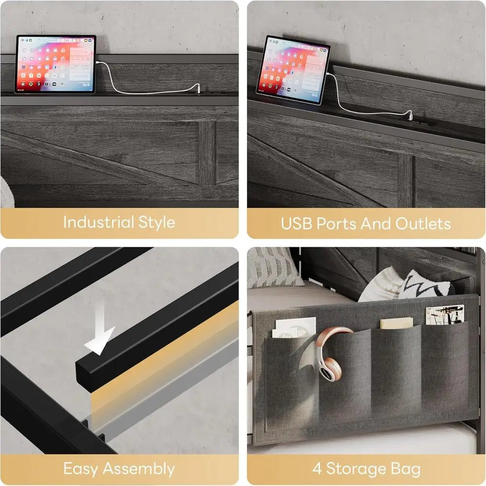 LIKIMIO Twin Daybed with Trundle Bed, Storage Headboard with Charging USB Station, Sofa Day Bed with Strong Supports for Bedroom