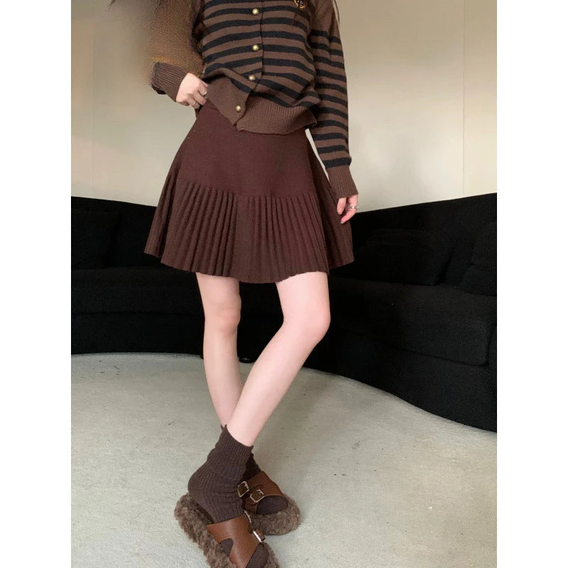 Spicy Girl Solid Color Versatile Knit Skirt Women's Early Autumn 2024 New Style High-Waisted Loose-Fit Slimming A- Line Mini Dre
