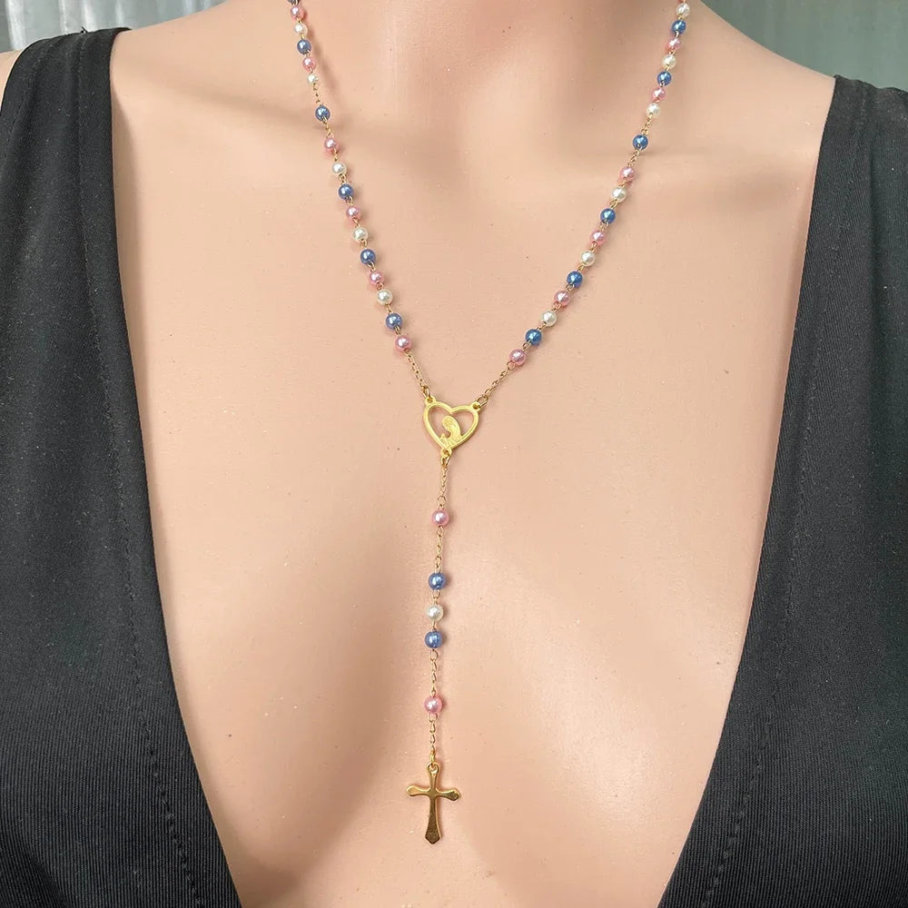Y Shape Beads Chain Gold Color Stainless Steel Virgin Mary Cross Rosary Pendant Long Necklace Women Girls Jewelry Spiriti Pray