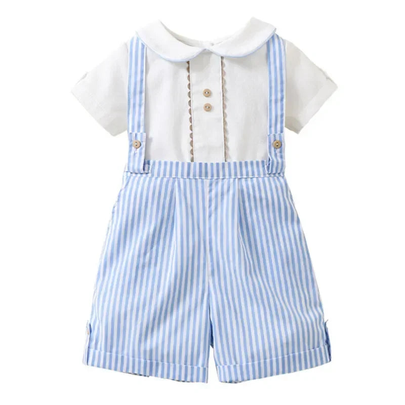 Baby Boys Birthday Outfit 2Pcs Set Short Sleeve Shirt + Striped Suspenders Pants Toddler Summer Clothes Formal Suit Gentleman