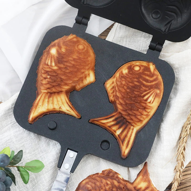 Kitchen Japanese Taiyaki Double Fish Shaped Hot Dessert Waffle Cake Maker Pan Japanese Pancake Double Pan Fry Pan Waffle Molds