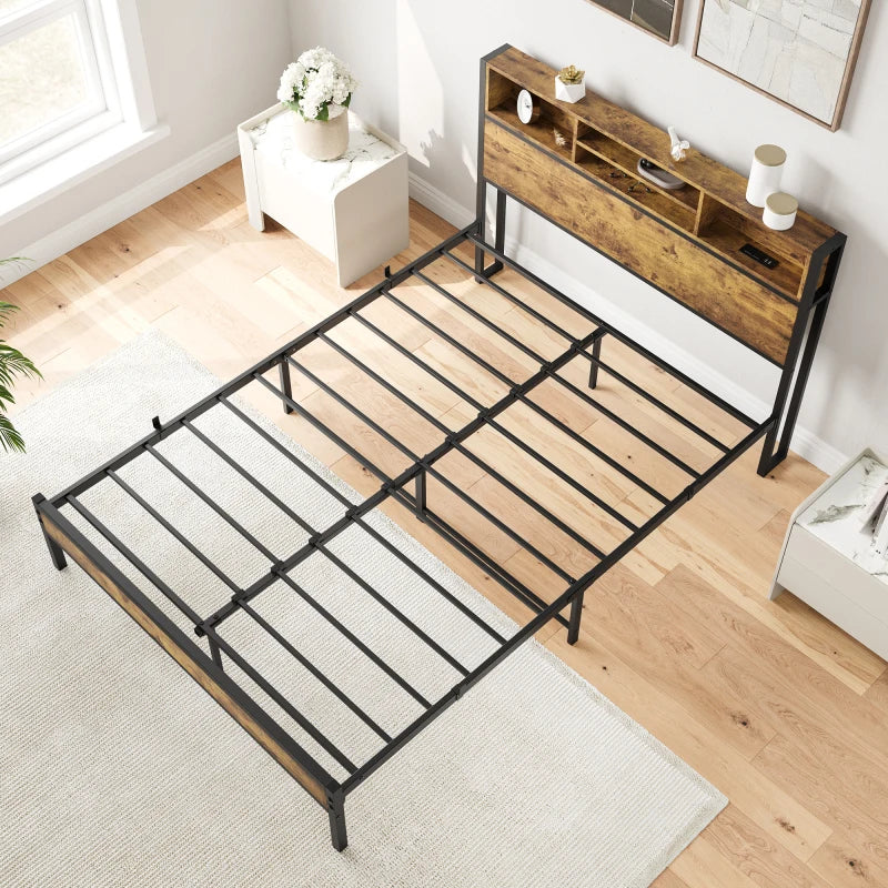 Full Size Frame Storage Headboard Metal Platform Bed With Charging Station Bookcase Storage No Box Spring Needed Easy Assembly