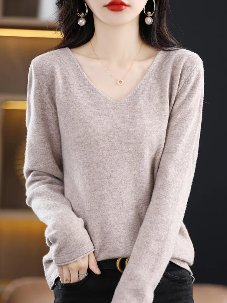 Women's Pullover Sweater For Autumn Winter 100% Merino Wool Knitted Sweater V-neck Basic  Cashmere Long Sleeve Tops