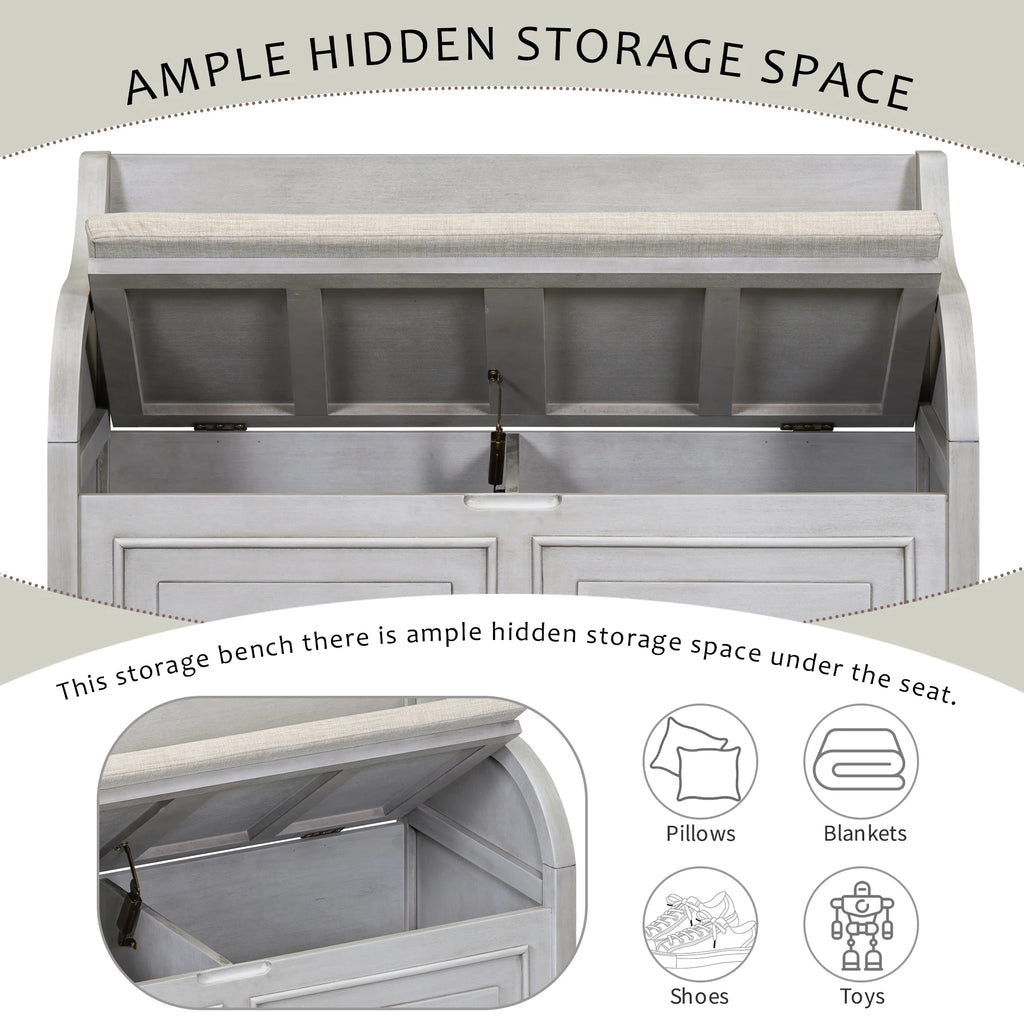 Rustic Style Solid Wood Entryway Storage Bench With Safety Hinge, Multi-functional Shoe Stool With Removable Upholstered Cushion