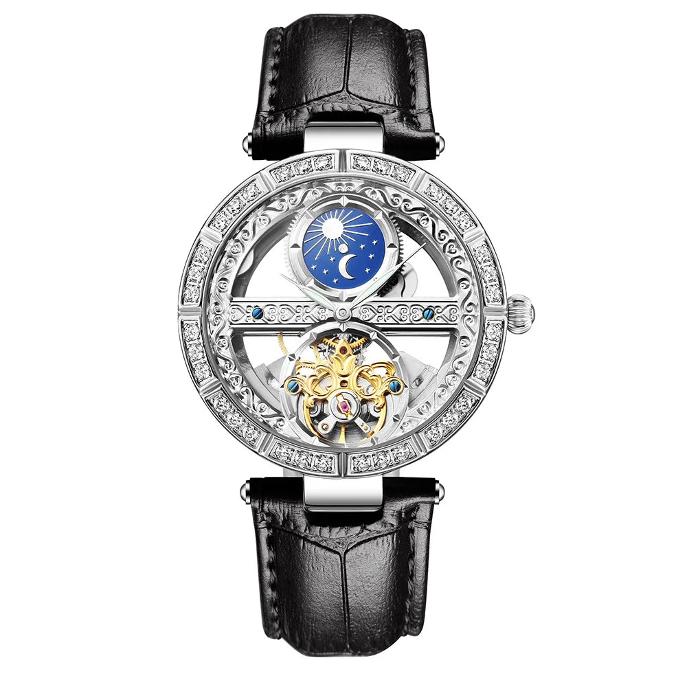 Women Automatic Mechanical Watch Top Brand Luxury Leather Waterproof Watches Ladies Skeleton Tourbillon Clock reloj mujer New
