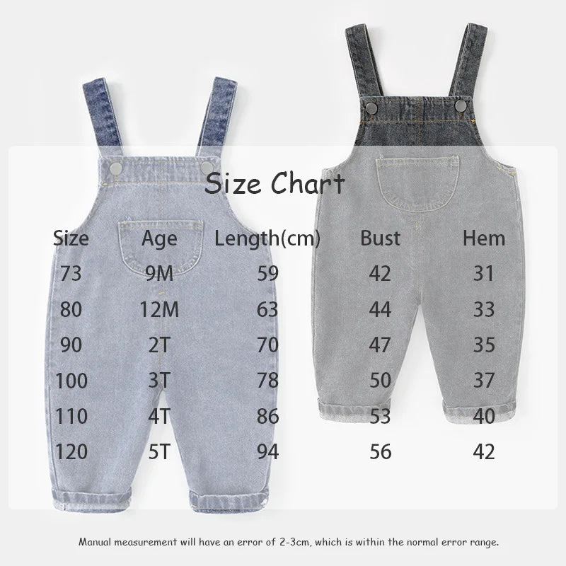 New Spring Kids Pants Baby Girls Overalls Boys Solid Denim Jumpsuits Children Trousers 0-5Y