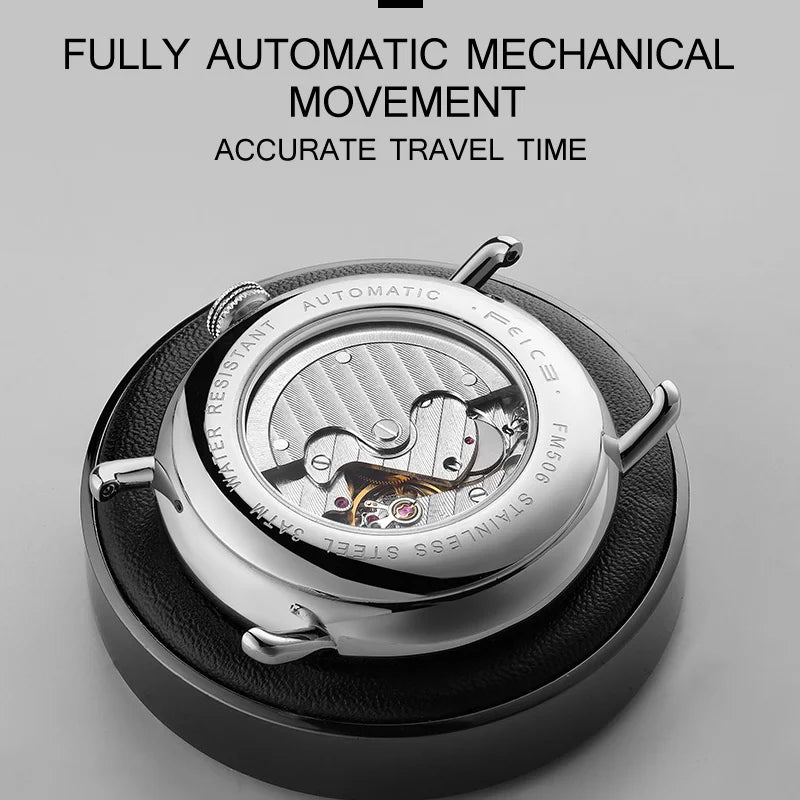FEICE Men's Automatic Watch  Classic Bauhaus Mechanical Watch Curved Mirror Waterproof Casual Dress Watches FM506