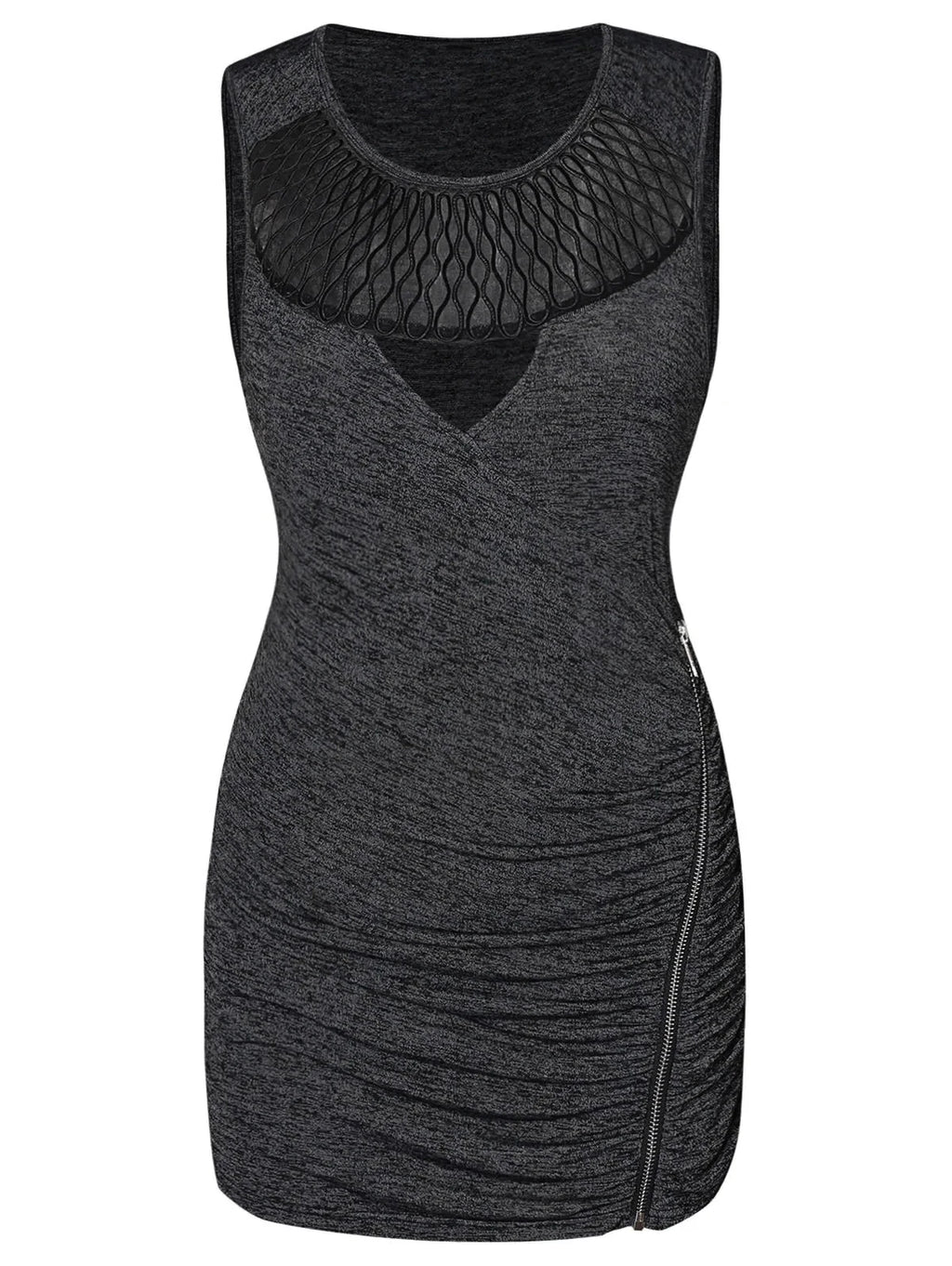 Plus Size Sleeveless Tank Top with Fishnet Neckline,Zipper Side Ruched Tunic for Women, Sexy Stretch Top for Night Out, Summer