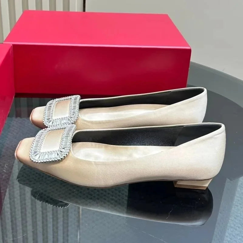 Classic Red Color Shoes For Wedding Top Version Silk Square-Toe Shallow Woman Flats Mary Janes Ballet Dance Shoes Banquet Flats