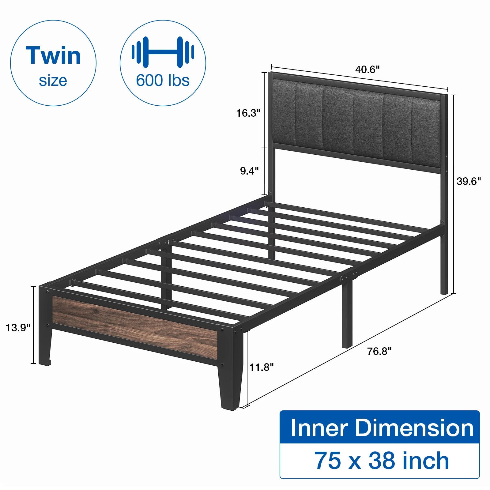 Twin/Full Bed Frame, Headboard Upholstered Bed Frame Platform, All Metal Slats Support Platform Bed Frame with Storage Space