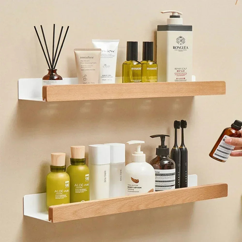 Bathroom Wood Shelf Holder Bath Shower Corner Rack Wall Mounted No Drill Shelves Organizer Kitchen Bathroom Storage Accessories
