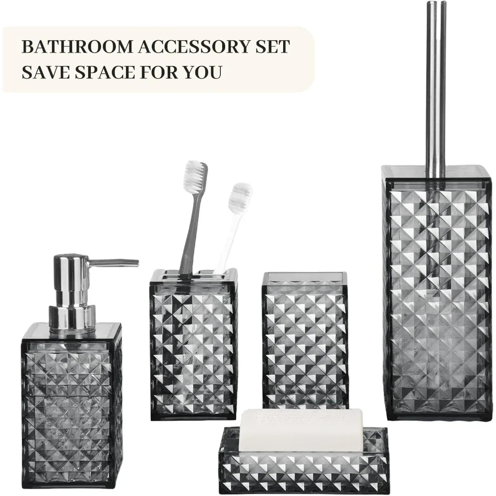 bathroom accessory set, grid pattern 5 pcs plastic bathroom set include toilet bursh, soap dispenser, soap dish, toothbrush hold
