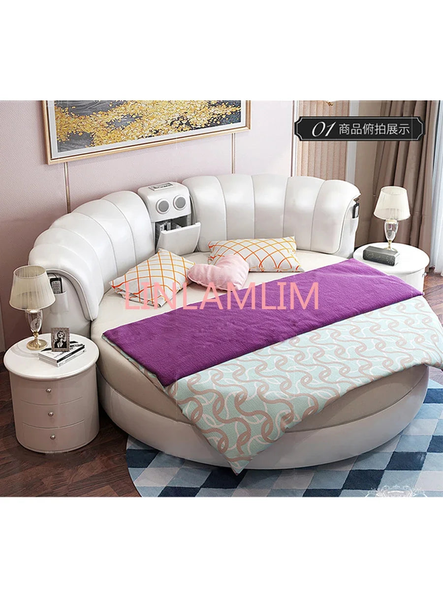 Smart bed frame camas bedroom set furniture кровать двуспальная lit beds round massage  genuine leather bed  + 2 night stands