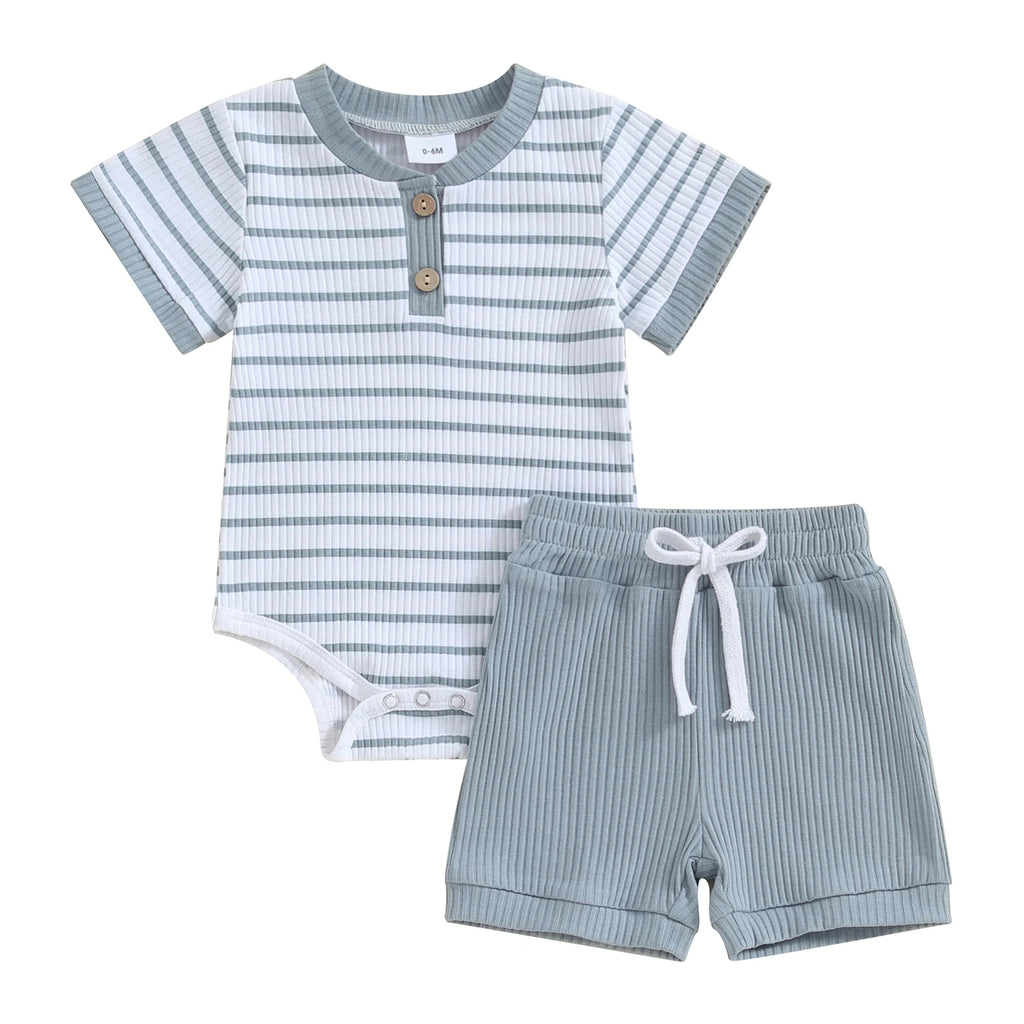 Baby 2 Piece Outfits Summer Striped Short Sleeve Romper and Elastic Shorts Set for Toddler Newborn Girl Boy