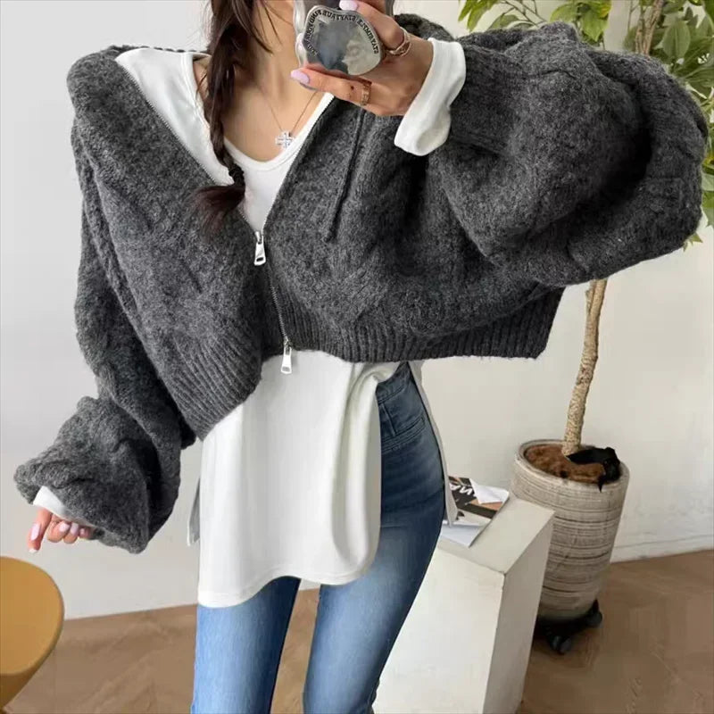 Fashion Hooded Zipper Cardigan Crop Sweater Women Long Sleeve Knitted Casual Short Coats Loose Simple Autumn Winter Clothes