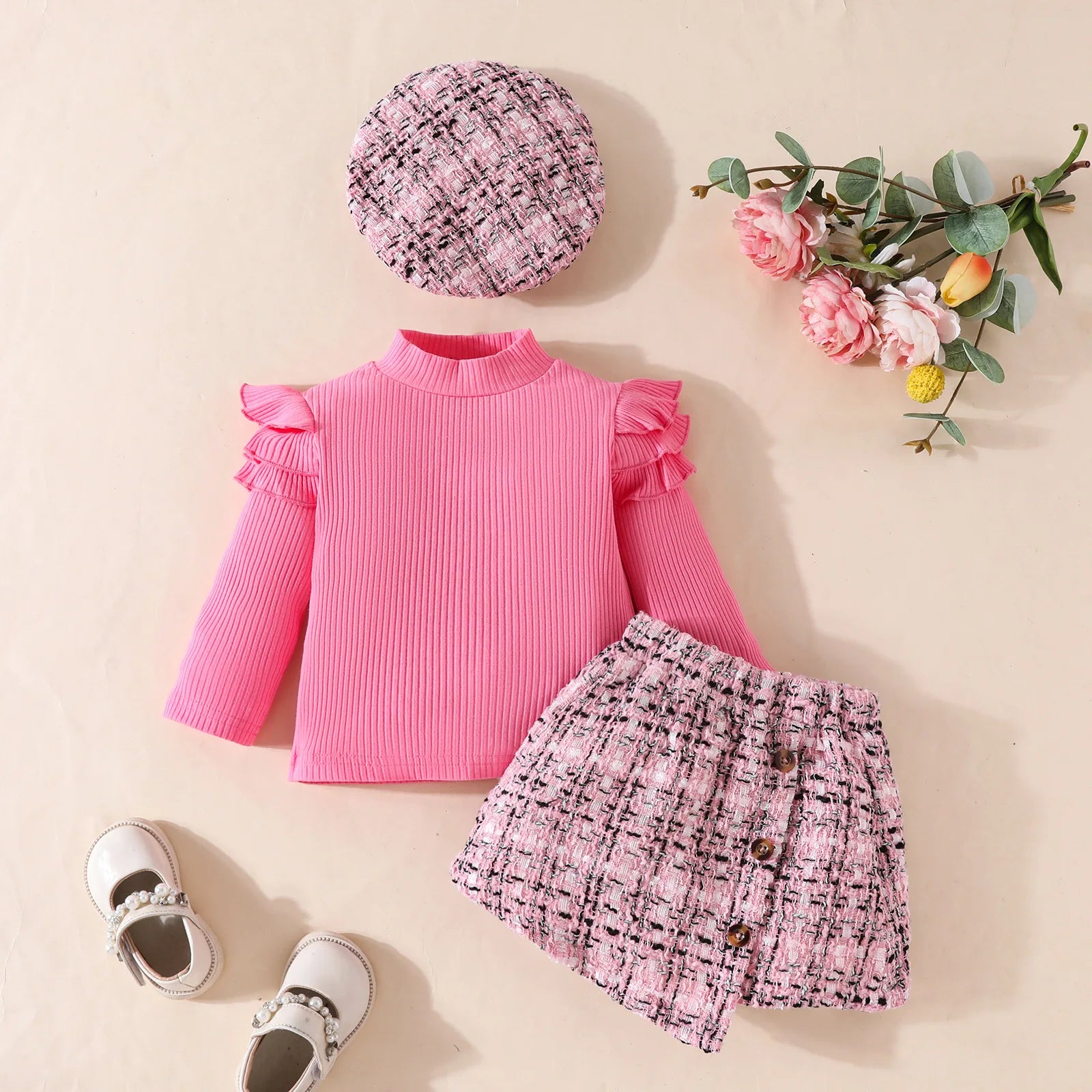 Baby Girls Clothes Set 0-3 Y Spring Autumn Infant High Neck Top+Skirt+Beret 3Pcs Trendy Toddler Long Sleeve Girls Outfit