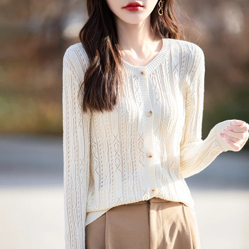 Women's Sweater Spring/Summer New 100% Cotton Coat Female O-Neck Knitted Cardigan Fashion Slim Top Clothing Long Sleeved Solid