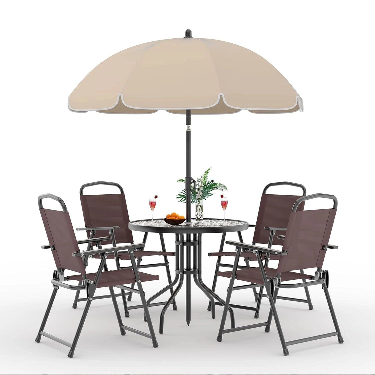 6 Piece Patio Dining Set for 4 with Umbrella, Outdoor Table and Chairs with 4 Folding Dining Chairs & Round Glass Table