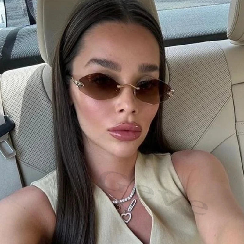 Fashion Small Polygonal Sunglasses for Women Luxury Brand Rmless Brown Rhombus Sun Glasses Woman Vintage Metal Shades Eyewear
