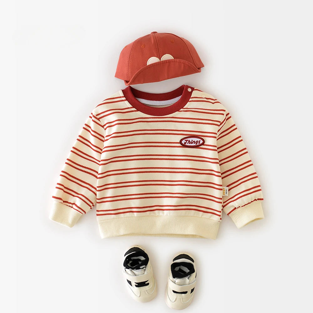 Baby Clothes 2025 Spring And Autumn Clothes New Boys And Girls Red Striped Sweater Letter Pullover Tops