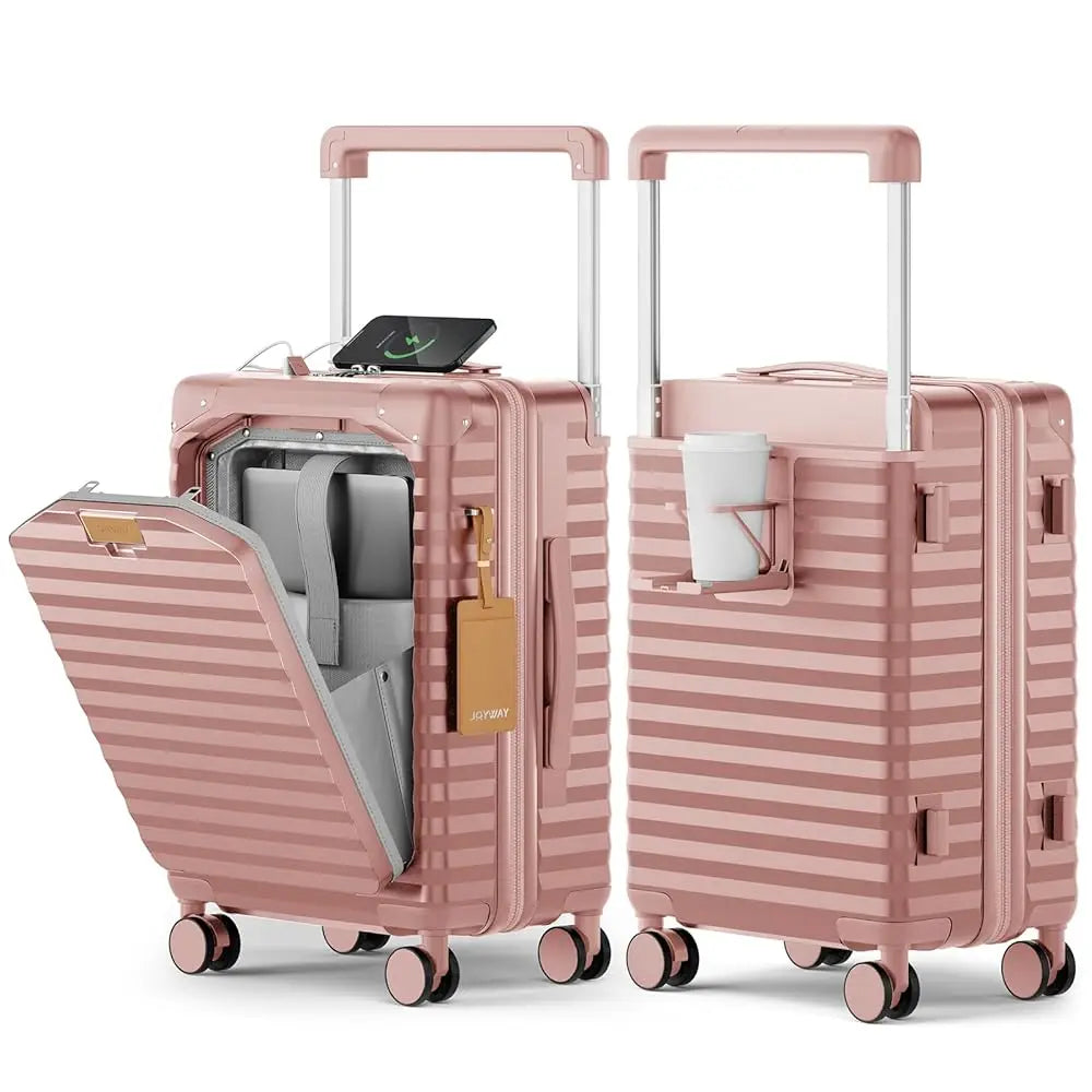 Joyway 20 inch Front Opening Carry on Luggage Suitcase 1 Piece, Cup Holder, TSA Lock, Mute Spinner Wheels, Lightweight Durable
