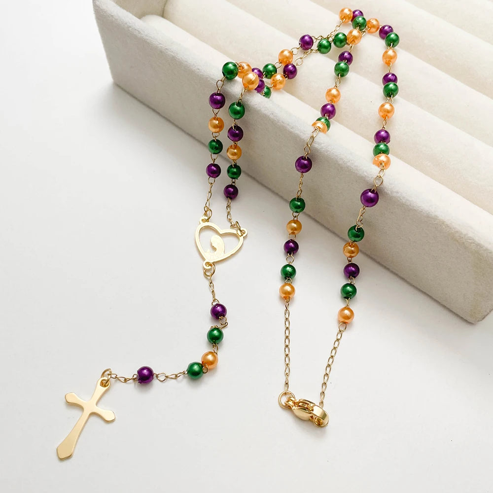 Y Shape Beads Chain Gold Color Stainless Steel Virgin Mary Cross Rosary Pendant Long Necklace Women Girls Jewelry Spiriti Pray