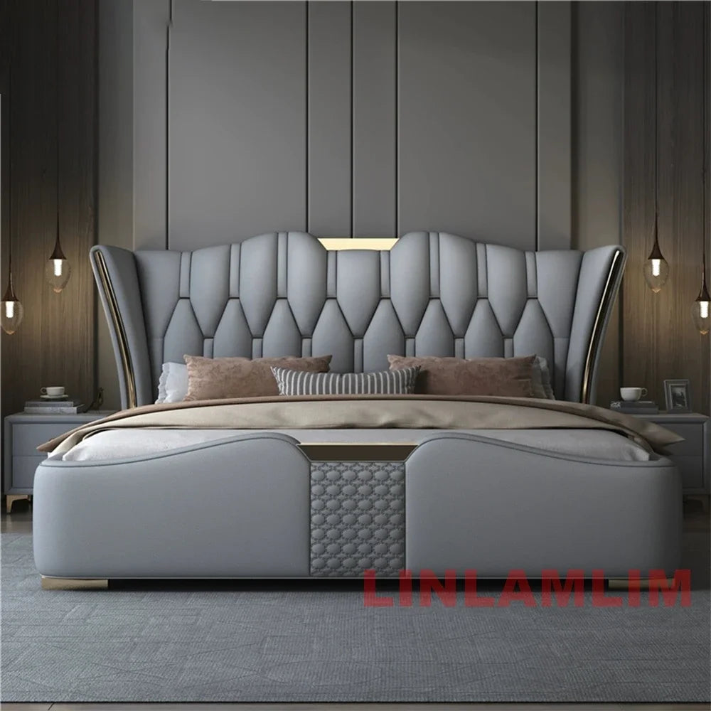 Linlamlim Luxury Modern Upholstered Bed Frame with Gold Accents, Genuine Leather Designer Bed, Queen/King Size Bedroom Furniture