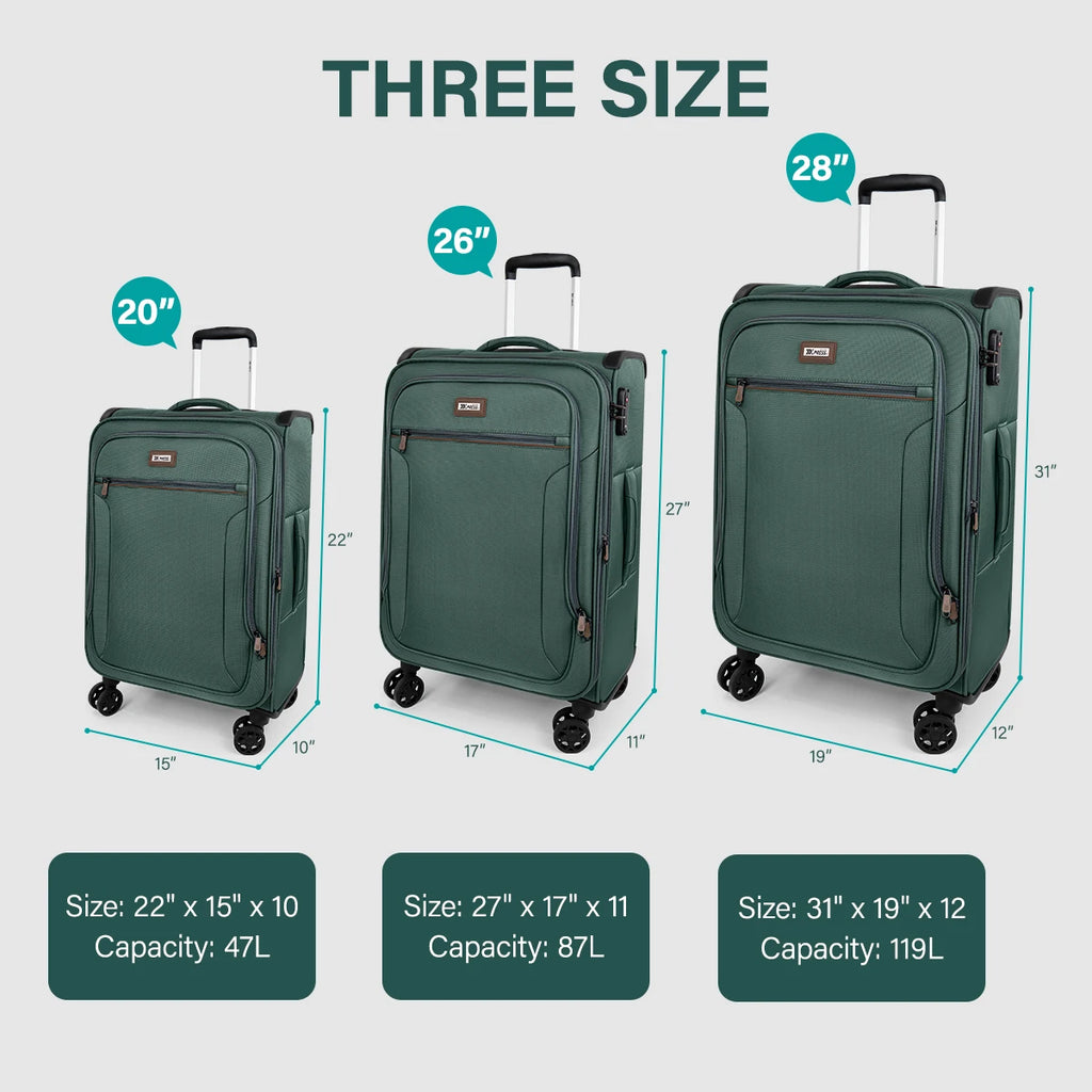 Softside Luggage Expandable Suitcase Upright Spinner Green Softshell Lightweight Luggage for Traveling & Business 20"/26"/28"