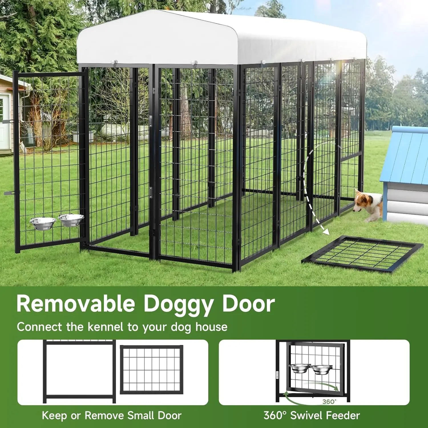 Outdoor Dog Kennel Outside Run with Doggy Door, Bowls&Roof - 8x4x6 Large Dog Kennels Pens Outside