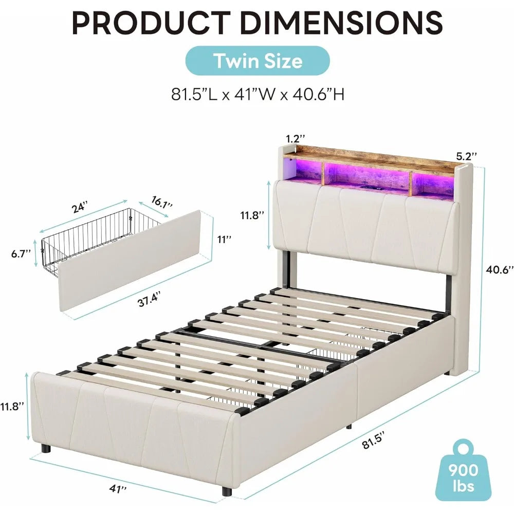 LED Twin Size Bed Frame with 2 Storage Drawers, Charging Station & LED Lights, No Box Spring Needed, Easy Assembly, Bed Frame
