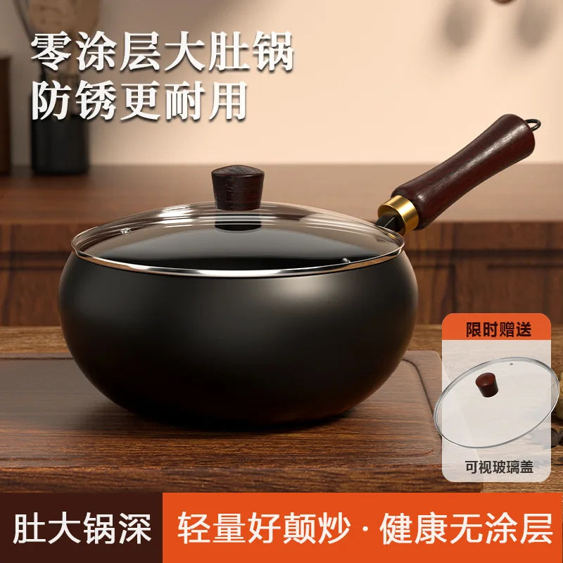 Big Belly Pot Household Hand Hammered Traditional Deepened Non-stick Iron Pot Multipurpose Uncoated Small Frying Pan with Lid
