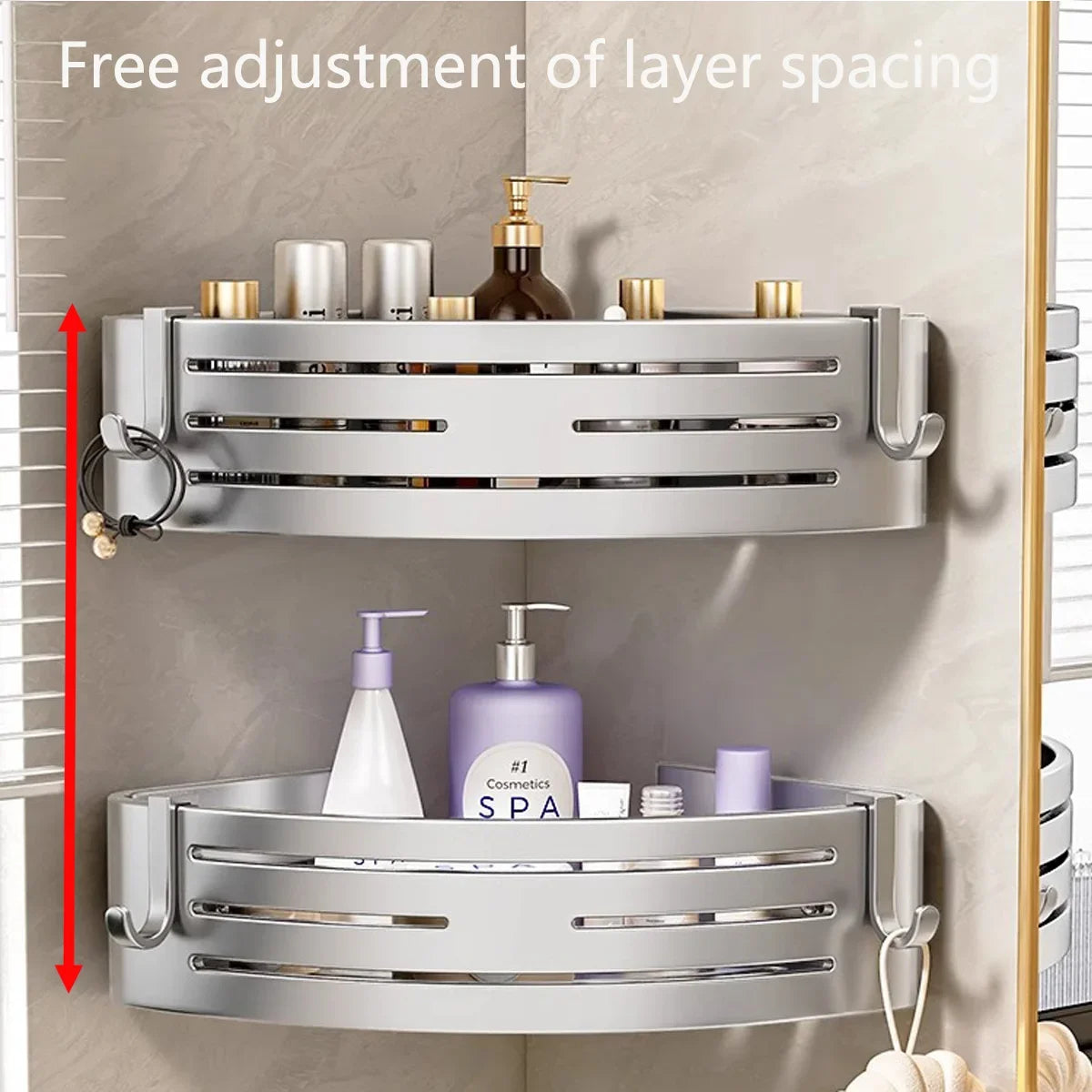 1-2PCS Shower Corner Shelf with Hook Towel Bar No Drill Space Aluminum Shower Storage Rack Bathroom Organizer