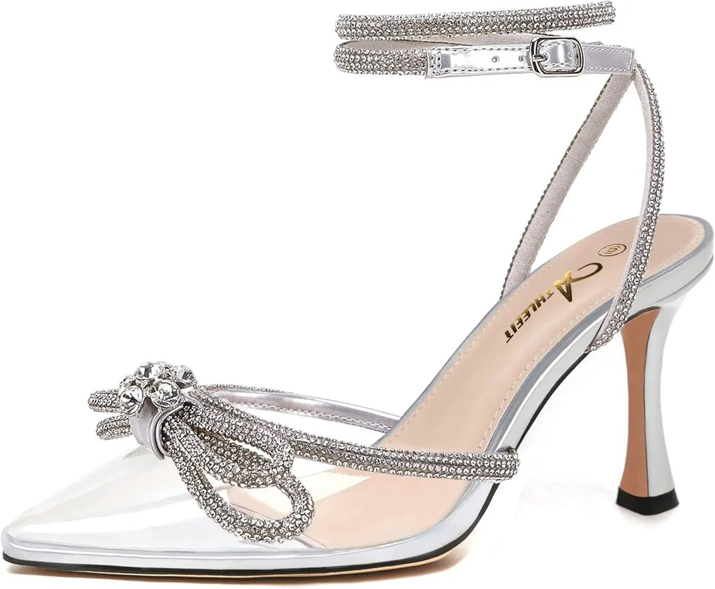 Women's Rhinestone Bow Heels Ankle Strap Pointed Toe Stiletto Heeled Sandals Wedding Bridal Dress Pumps Shoes