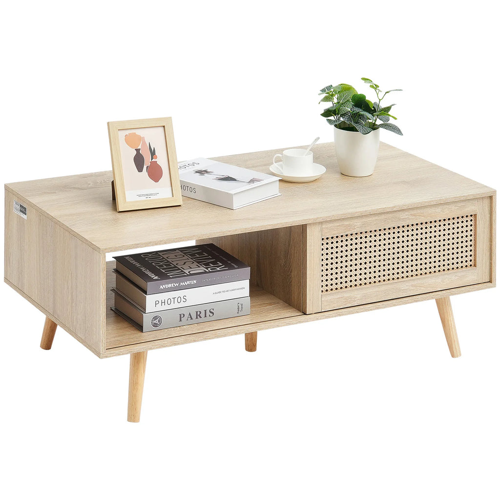 SucceBuy Rattan Coffee Table Rectangle Coffee Table 42-47in Modern Boho Style 2 Layers Storage Coffee Table for Home Bedroom