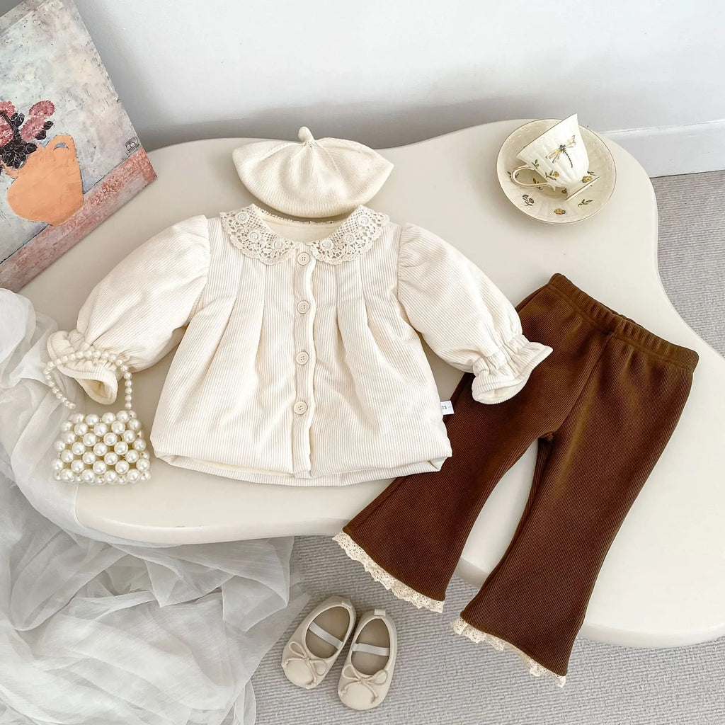 2025 Autumn Collection Girls' Velvet Bellbottom Pants with Western Style Lace Pants, Versatile Warm Baby Girls' Casual Pants
