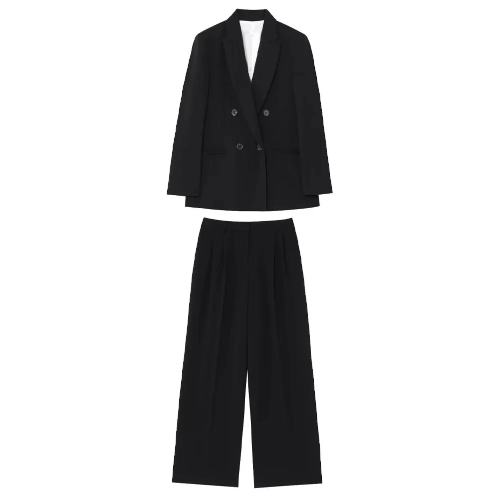Women's new suit trousers suit double-breasted suit jacket with shoulder pads, pleated wide-leg pants