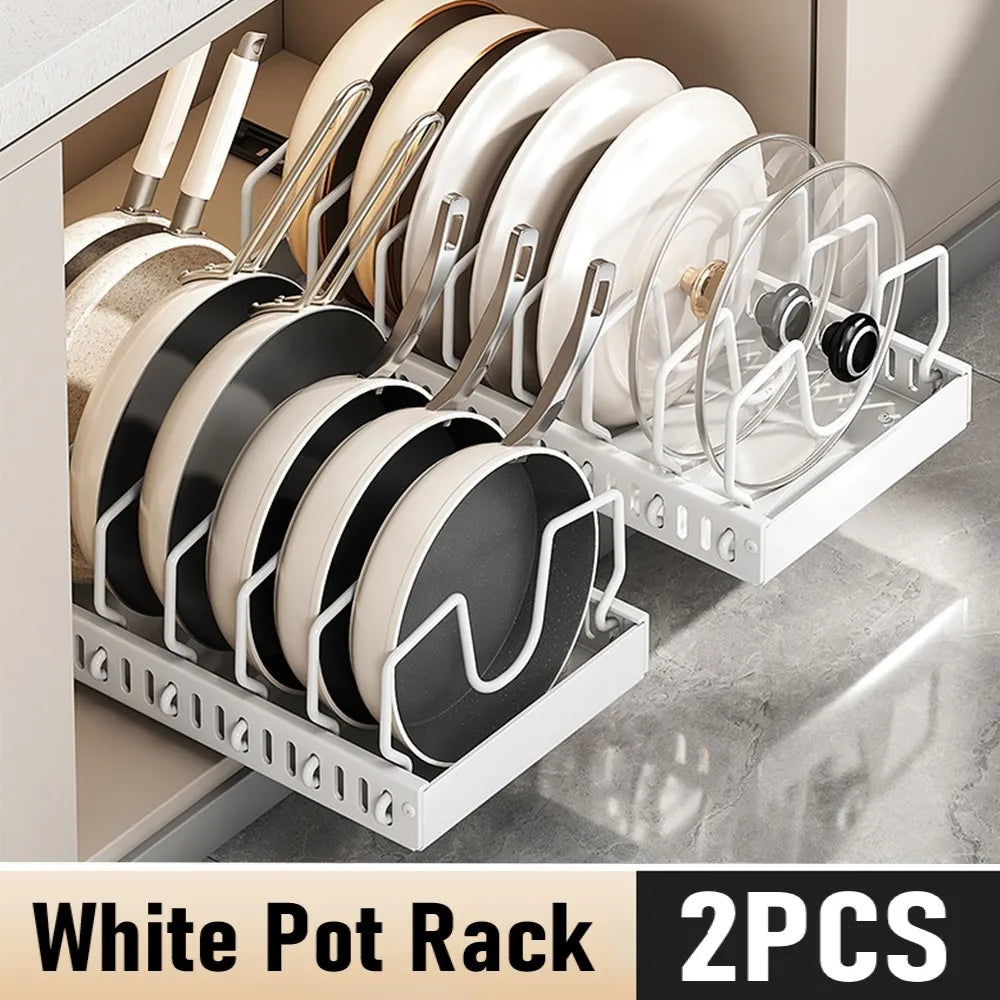 Kitchen Pots and Pans Organizer Under Cabinet Sliding Drawer Pot Lid Organizer Pull Out Cabinet Storage Tray with 8 Dividers