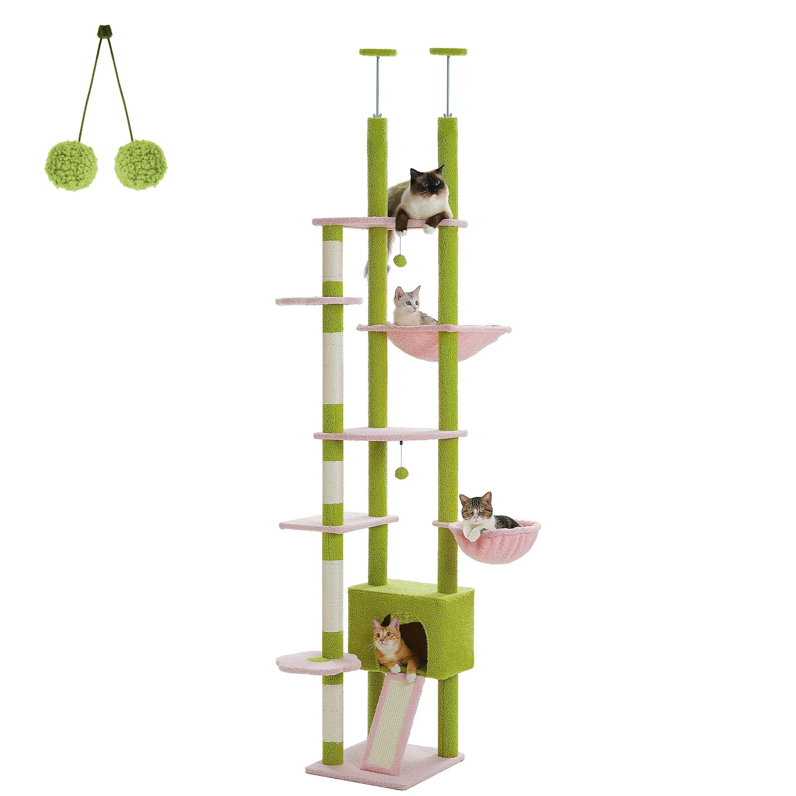 Adjustable 230-252cm Cat Tree, Floor to Ceiling Cat Condo, Hanging Ball,5 Scratching Posts,Hammock, Ample Resting Place for Cats
