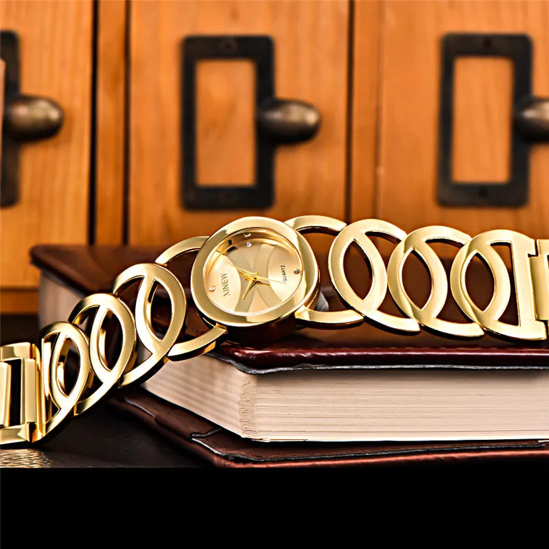 Women Big Brand Original XINEW 6438 Watches Ladies Casual Golden Luxury Quartz Bracelets Watch Relogios Feminino Fashions 2024
