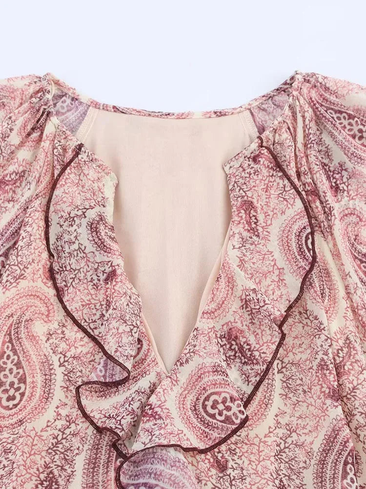 2025 Women Summer MIDI Dress Vintage Print Chiffon V-Neck Cascading Ruffle Long Sleeve Female Elegant Street Dresses Clothing