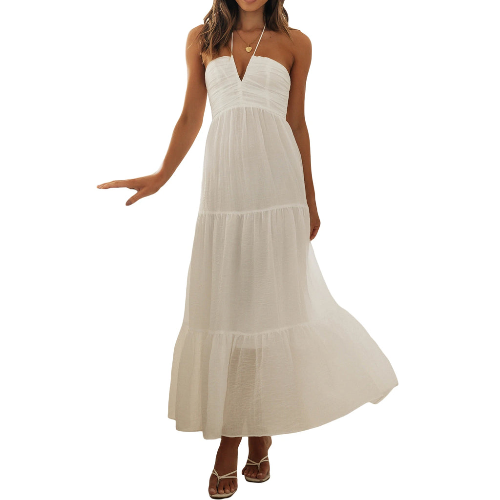 Elegant Sleeveless Maxi Dress with Halter Neckline and Backless Design Perfect for Summer Beach Parties and Casual Events