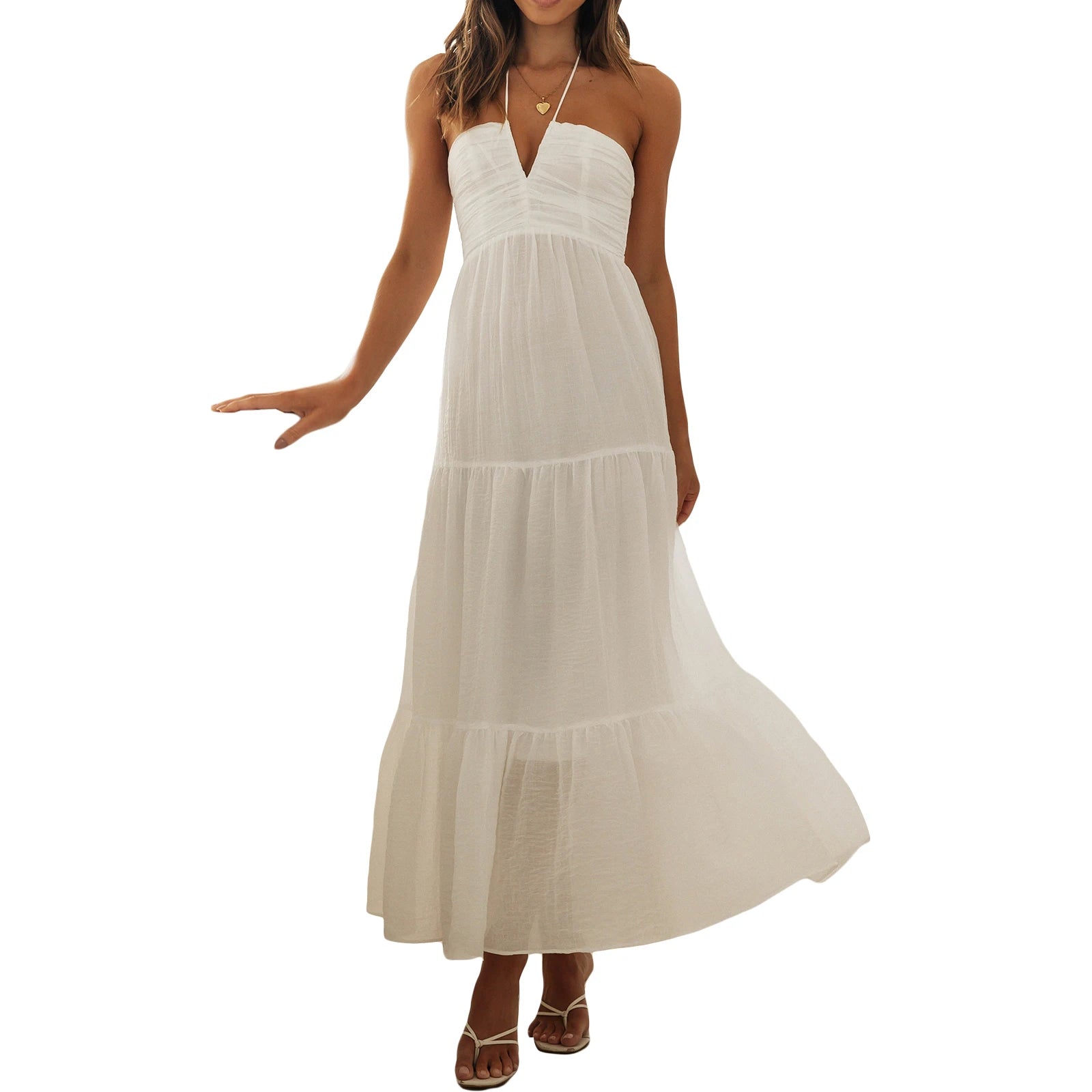 Elegant Sleeveless Maxi Dress with Halter Neckline and Backless Design Perfect for Summer Beach Parties and Casual Events