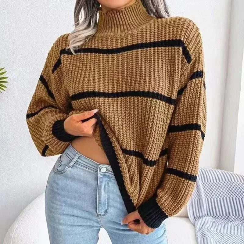 Autumn Winter Stripe Sweaters Pullovers Women New Solid Color Long Sleeved Jumpers Fashion High Neck Warm Pullover Knitwears Top
