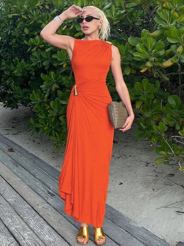 Weird Puss Classic Metal Ruched Women Dress Elegant Crew Neck Sleeveless Irregular Simple Summer Party Trend Stretch Vestidos