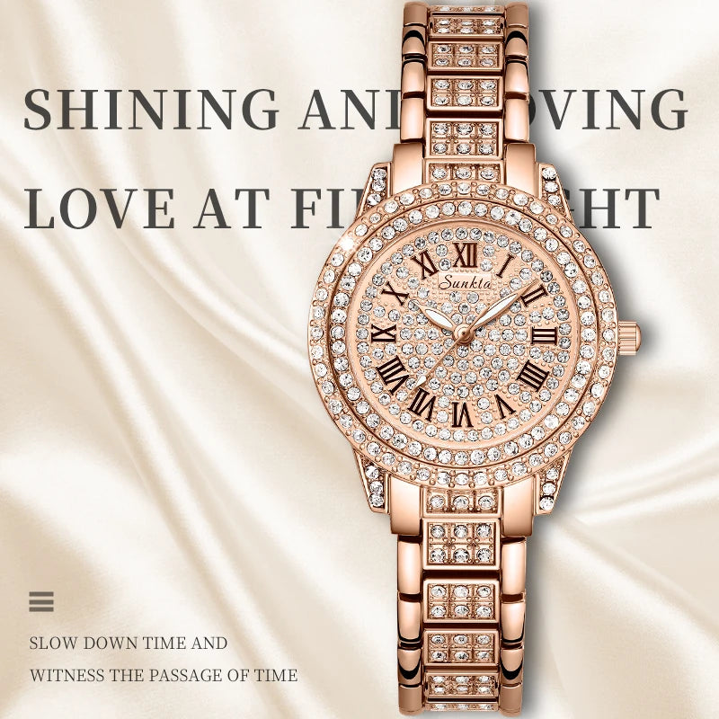 SUNKTA Women Wristwatches Relojes Para Mujer Luxury Classic Golden Watch Women Alloy Strap Round Rhinestone Dail Quartz Watches