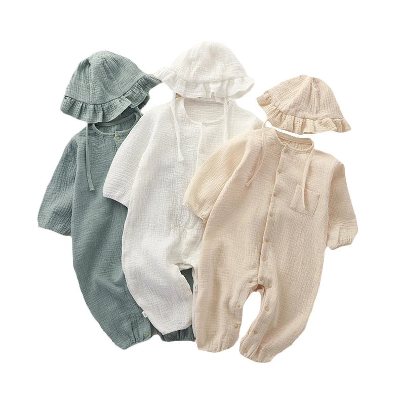Baby Boys Girls Clothes Newborn Jumpsuit + Hats Infant Muslin Cotton Long Sleeve Romper 0-24 Month