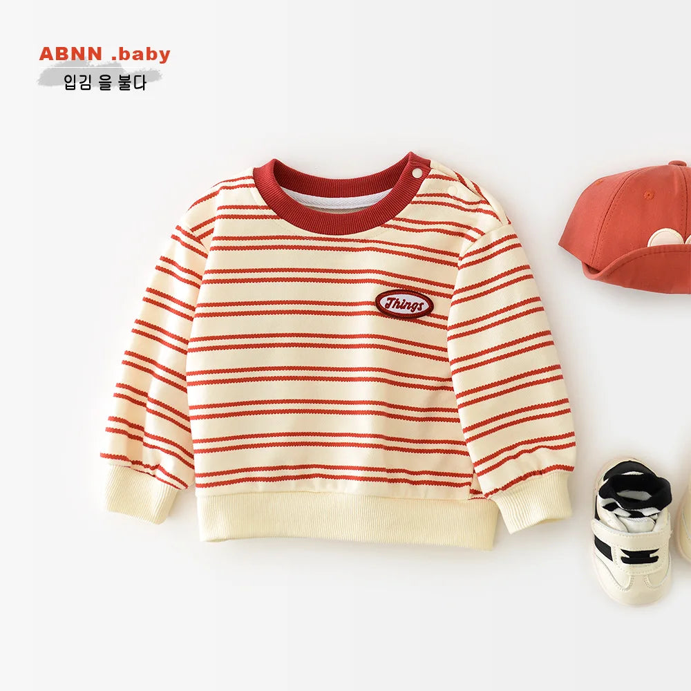 Baby Clothes 2025 Spring And Autumn Clothes New Boys And Girls Red Striped Sweater Letter Pullover Tops