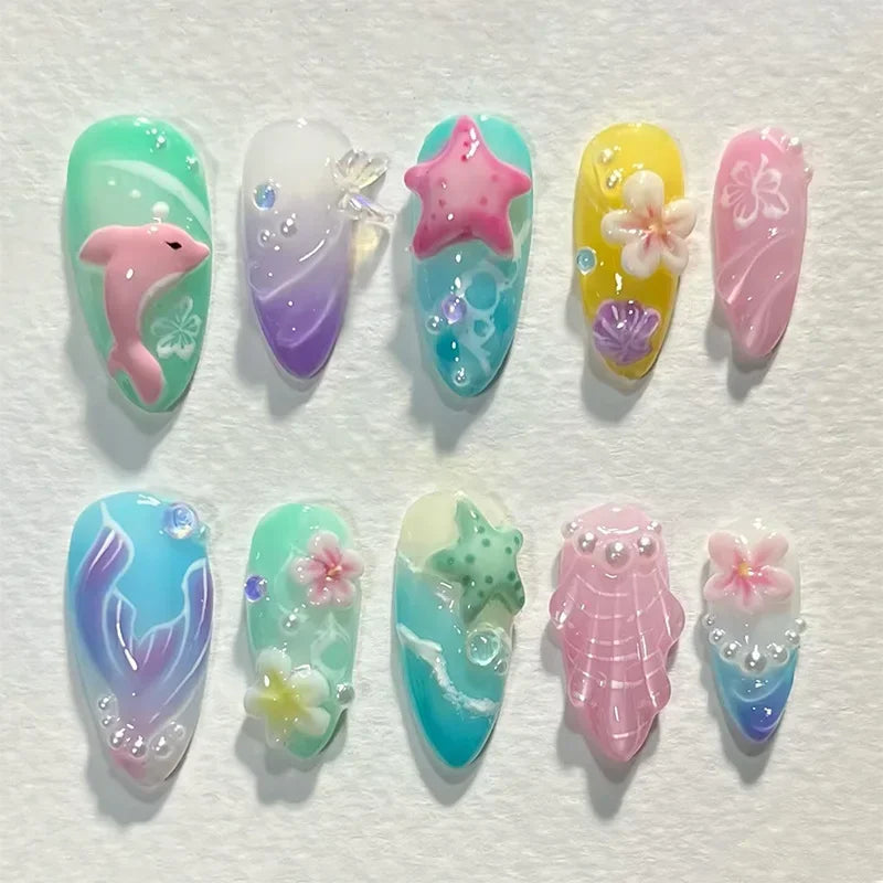 24PCS Summer Colorful Almond False Nail with 3D Flower Beach Paintings Press on Fake Nail Full Cover Wearable Manicure for Women